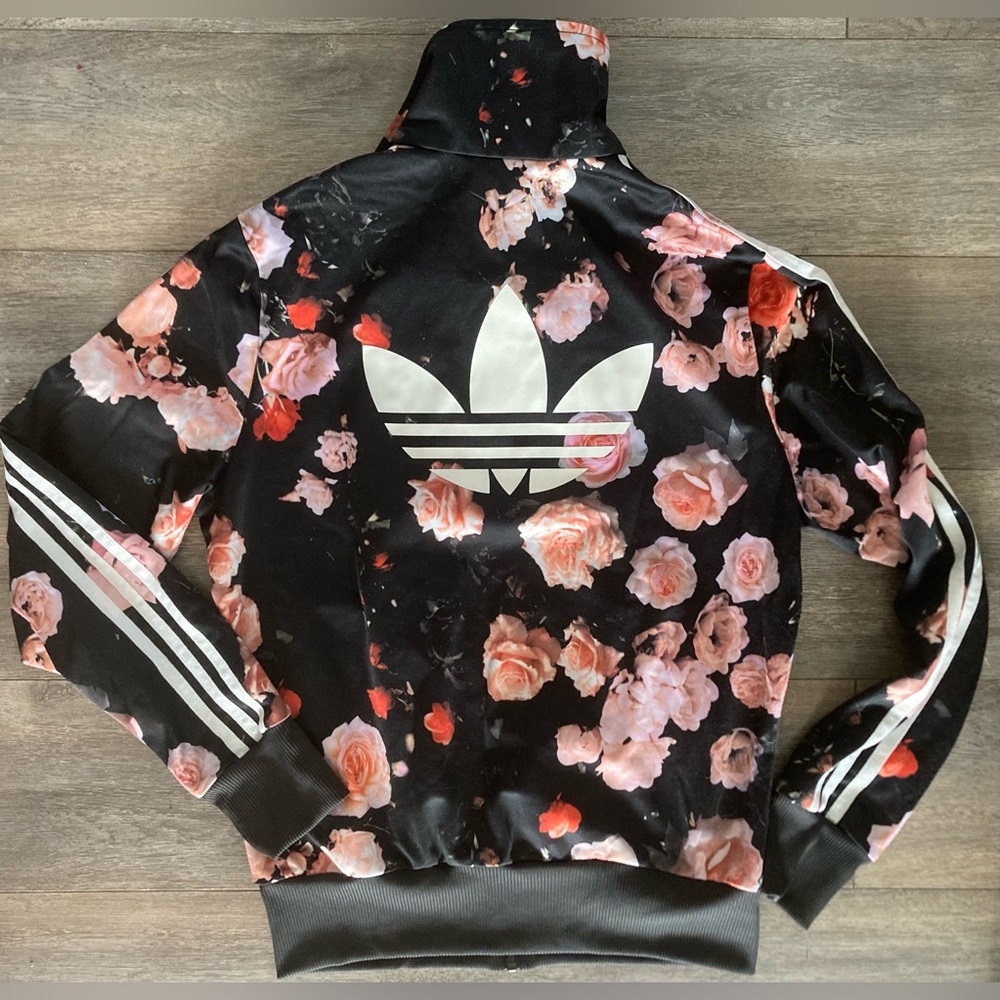 Adidas Black and Pink Track Shirt Zip Up Jacket with Flowers - Picture 3 of 3